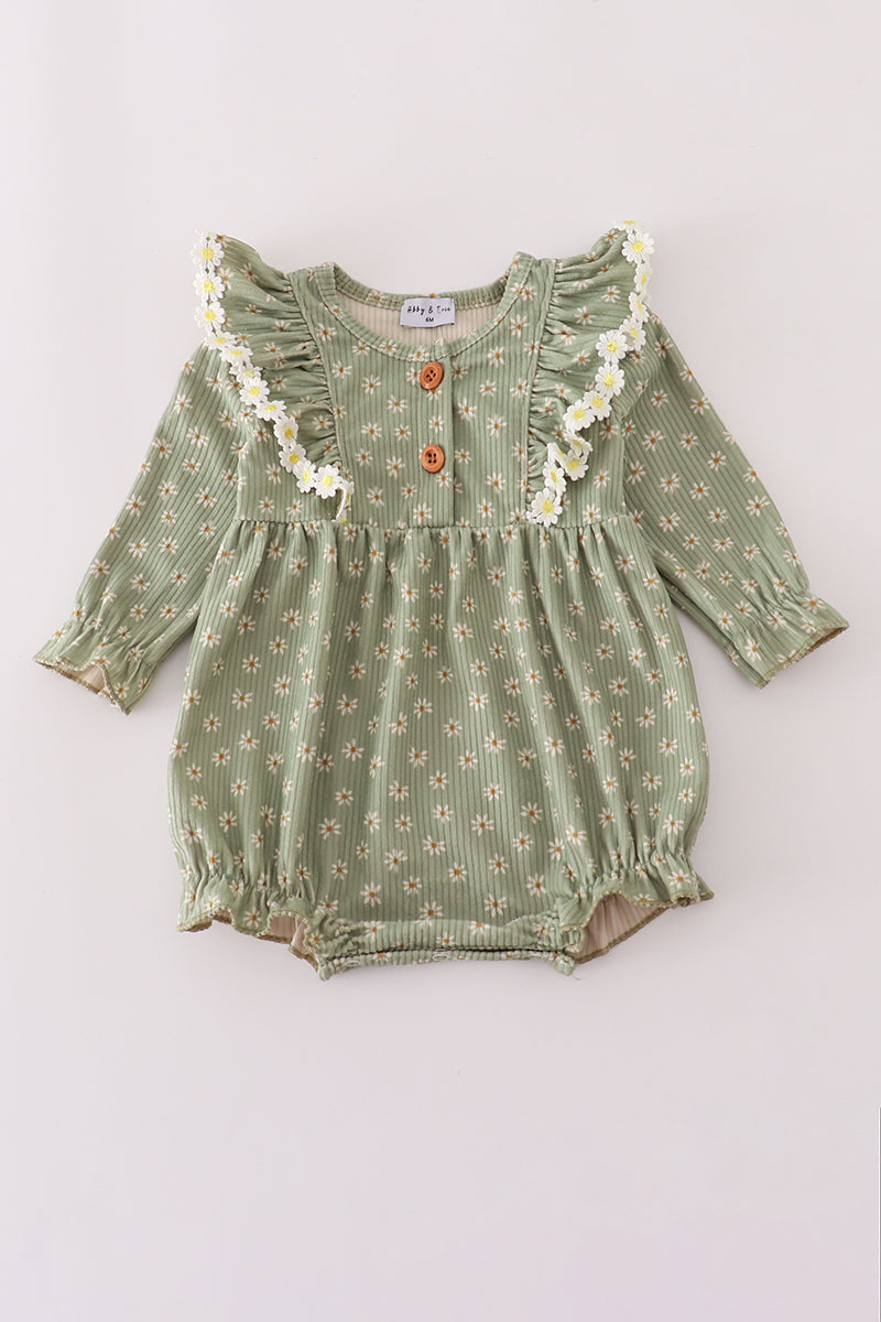 Green Corduroy Floral Lace Ruffle Bubble