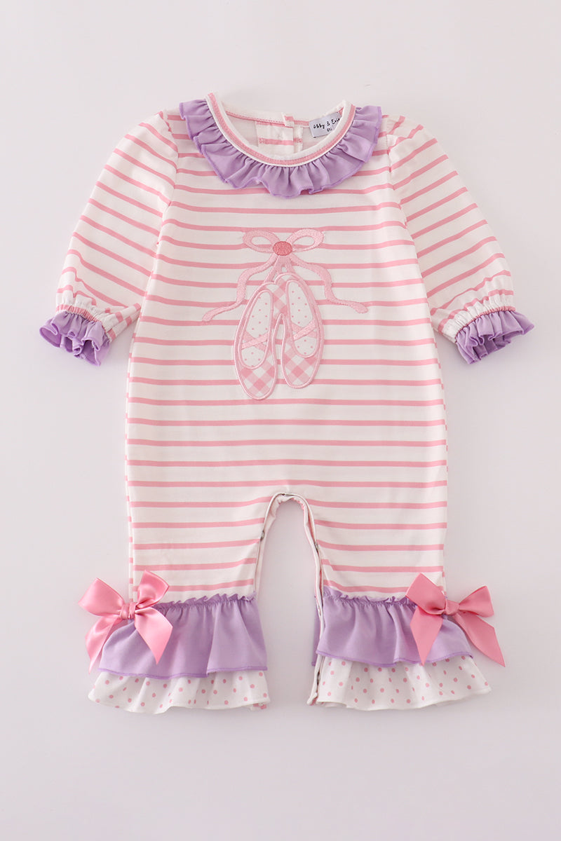 Purple Ballet Shoes Embroidery Ruffle Stripe Romper