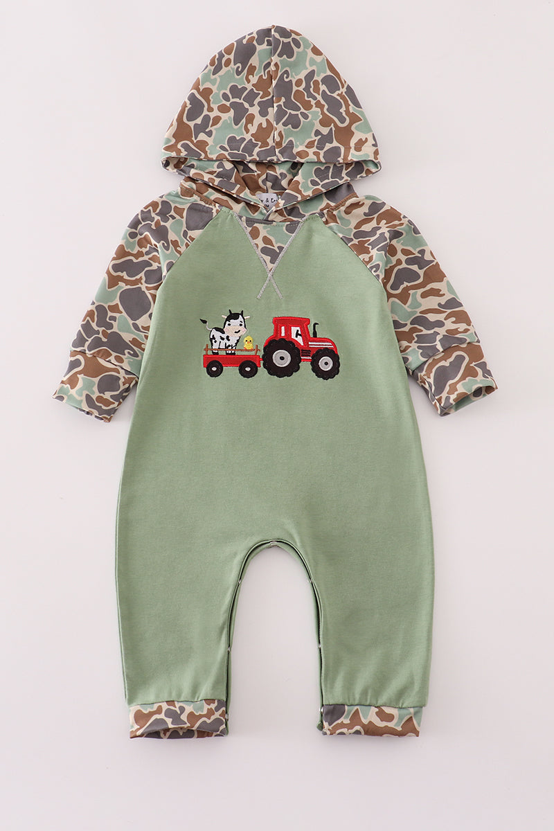 Green Camouflage Cow Trackor Applique Romper