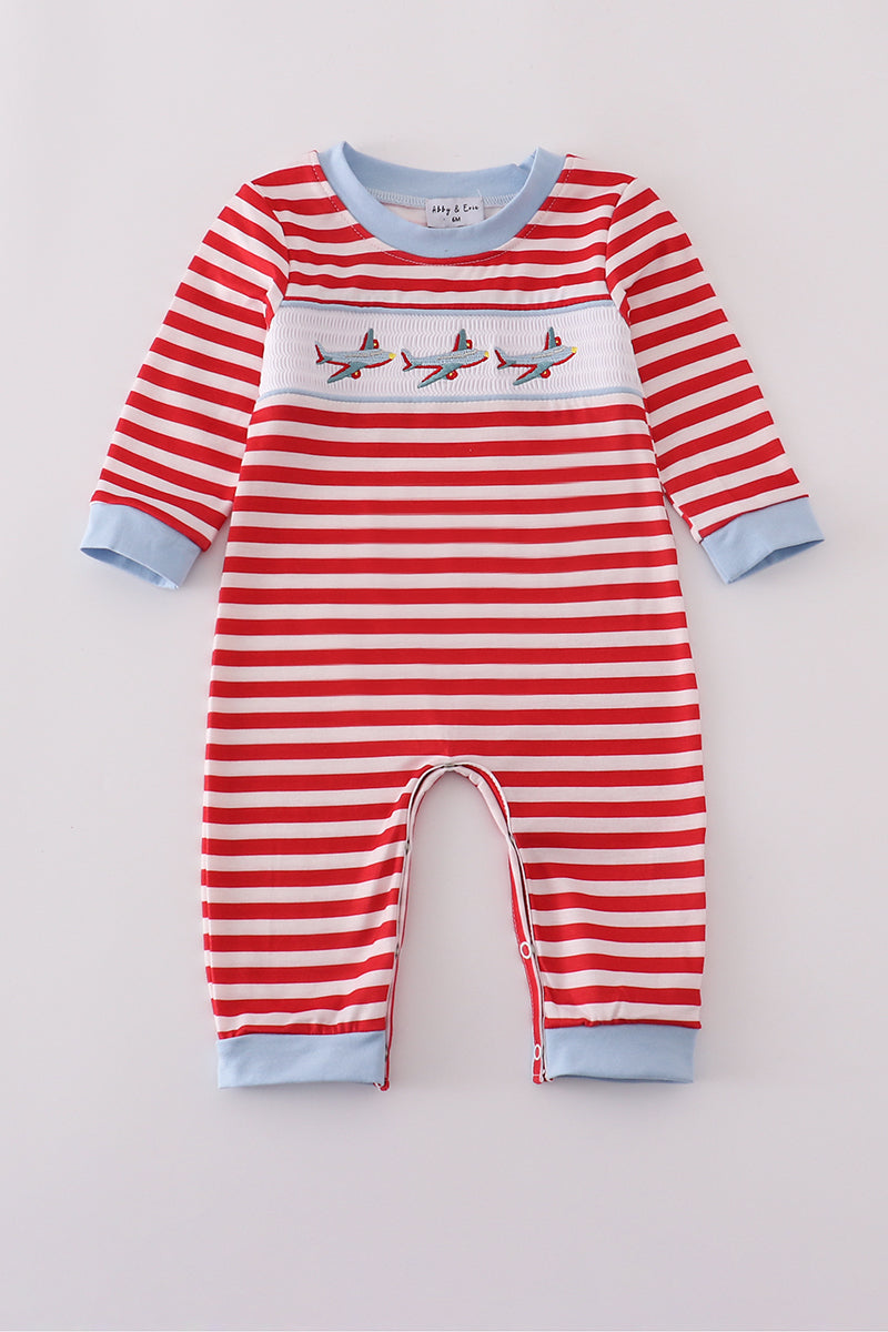 Red Airplane Embroidery Stripe Romper