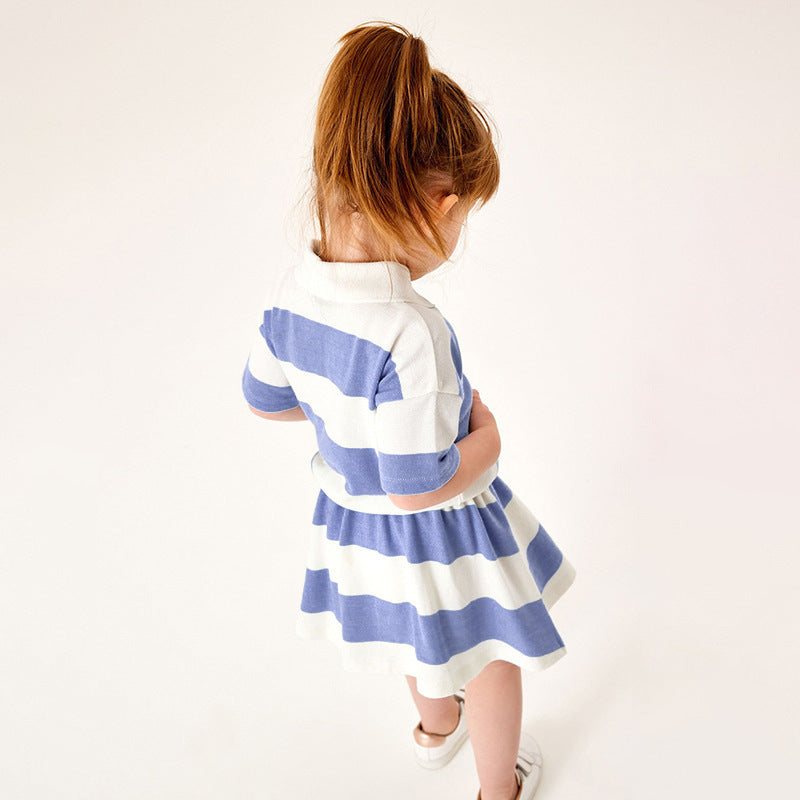 Summer Baby Kids Girls Animals Cartoon Logo Striped Polo Shirt And Skirt Clothing Set-1