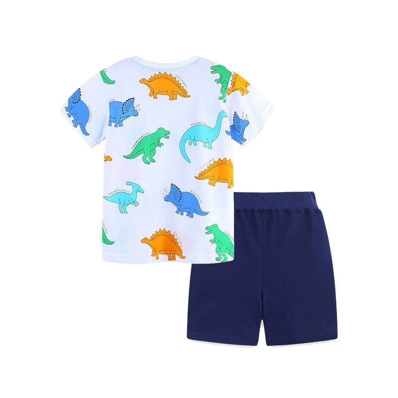 Summer Baby Kids Cartoon Animals Pattern T-shirt and Shorts Color Patchwork Clothing Set for Boys-2