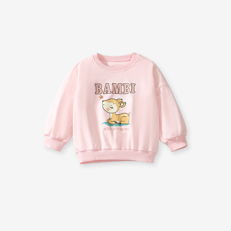 Spring And Autumn Girls Cute Cartoon Little Bambi Print Top Sweatshirt And Solid Color Pants-1