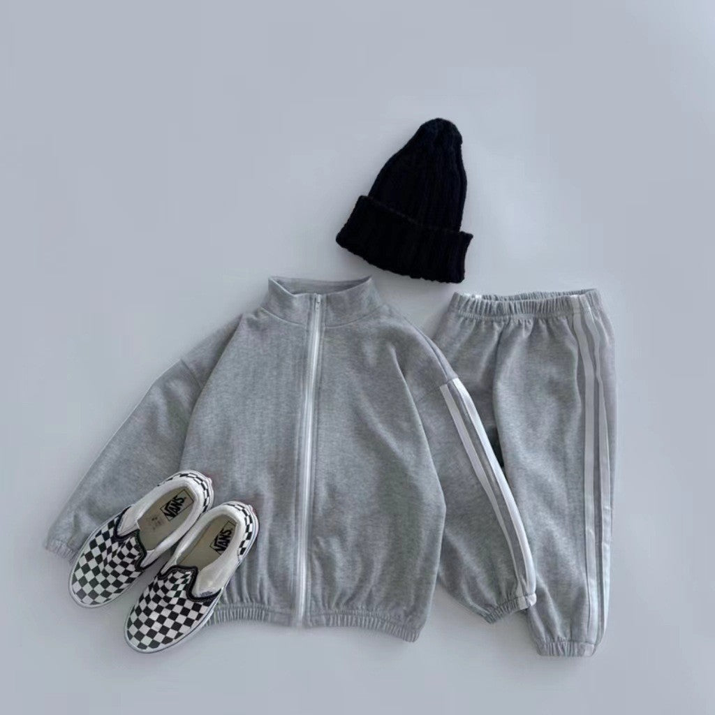 Autumn Kids Unisex Casual Striped Long Sleeves Zip-up Stand Collar Top and Pants Clothing Set-1