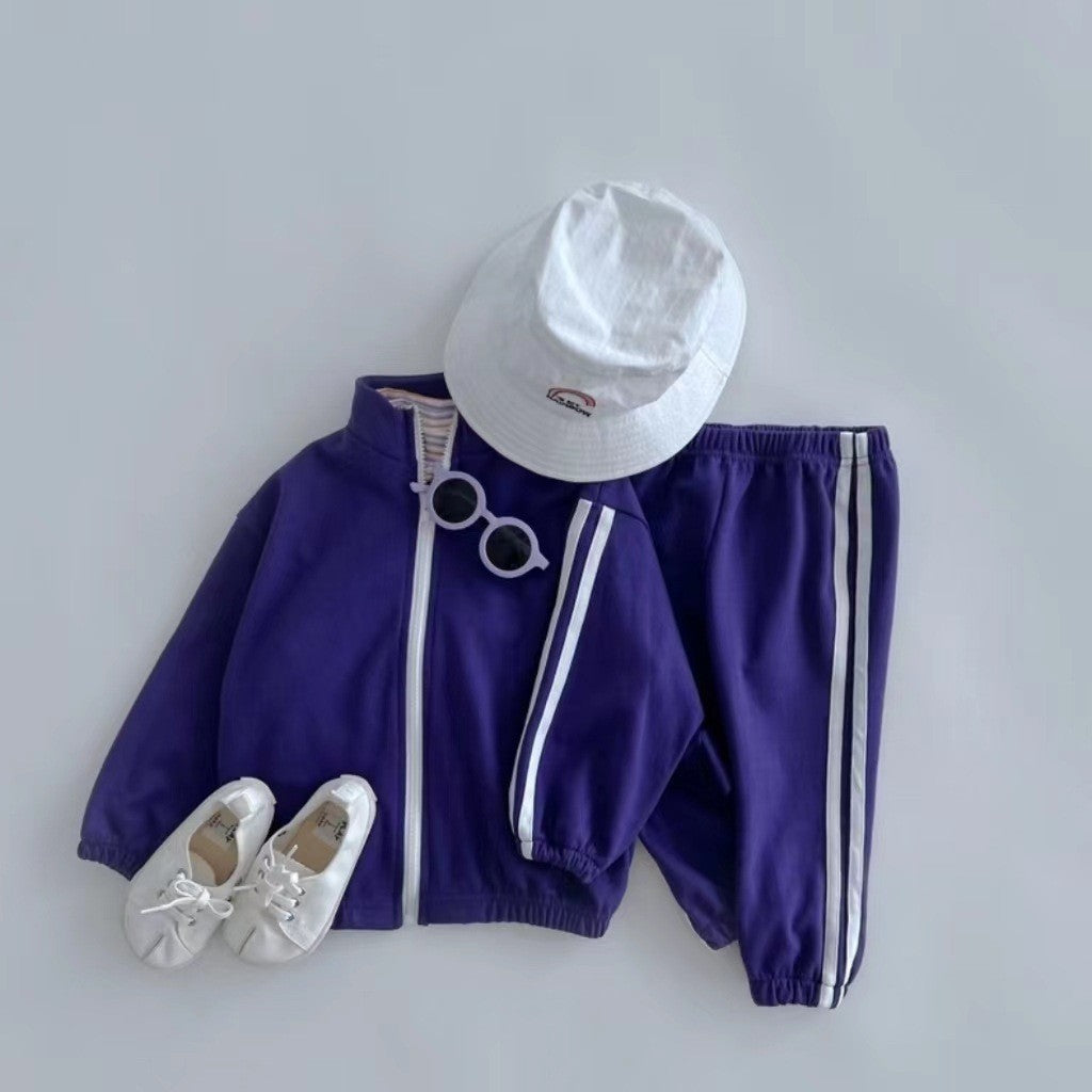 Autumn Kids Unisex Casual Striped Long Sleeves Zip-up Stand Collar Top and Pants Clothing Set-2
