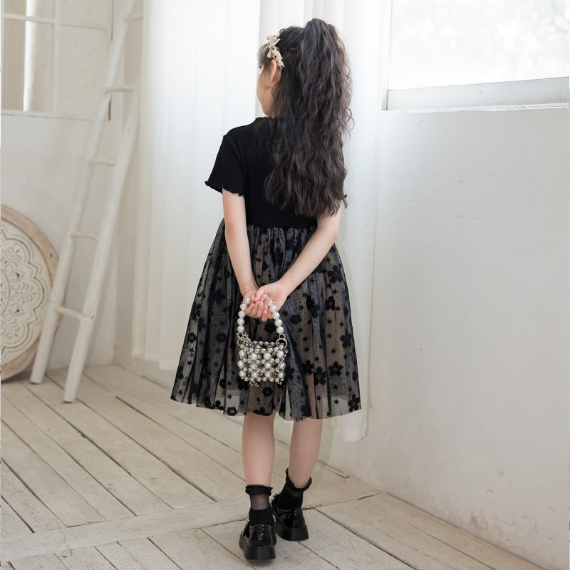 Solid Black Short Sleeve Mesh Dress For Children Girl-1