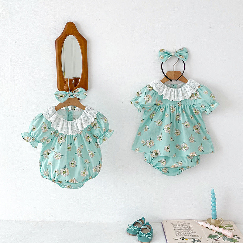 Summer Girls Flowers Pattern Short Sleeves Hollow Out Collar Onesies And Clothing Set – Sister Matching Clothing Set-4