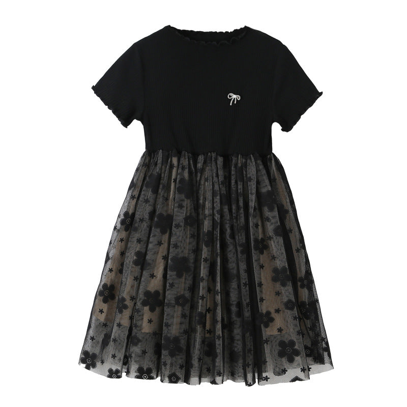 Solid Black Short Sleeve Mesh Dress For Children Girl-2