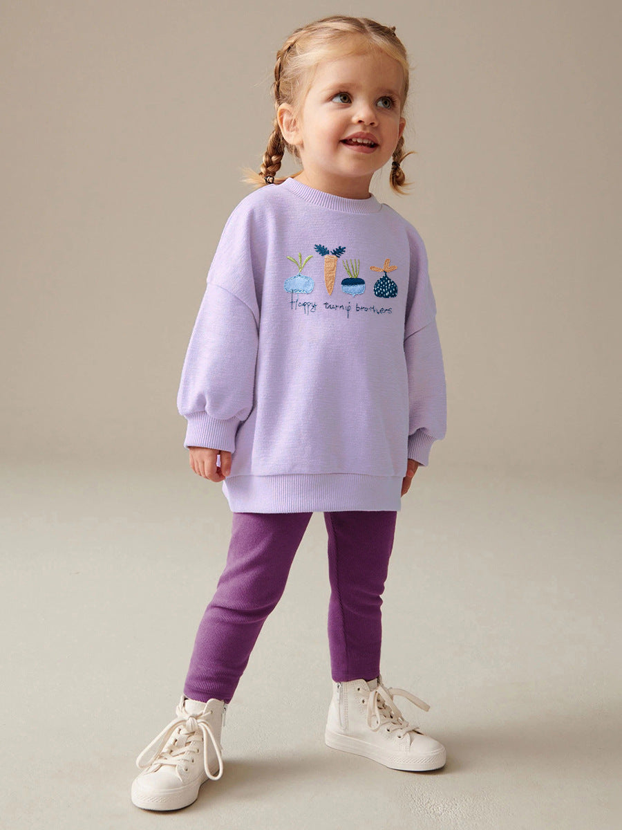 Spring and Autumn Girls Cartoon Turnip Brothers Pattern Long Sleeves Crew Neck Top Sweatshirt and Pants Clothing Set-4