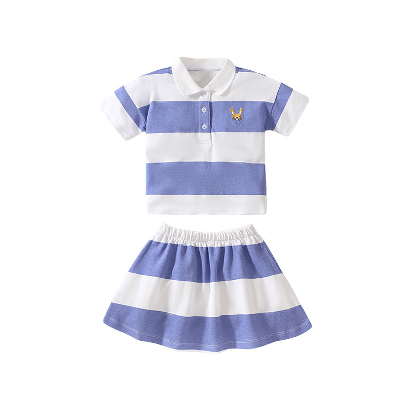 Summer Baby Kids Girls Animals Cartoon Logo Striped Polo Shirt And Skirt Clothing Set-3