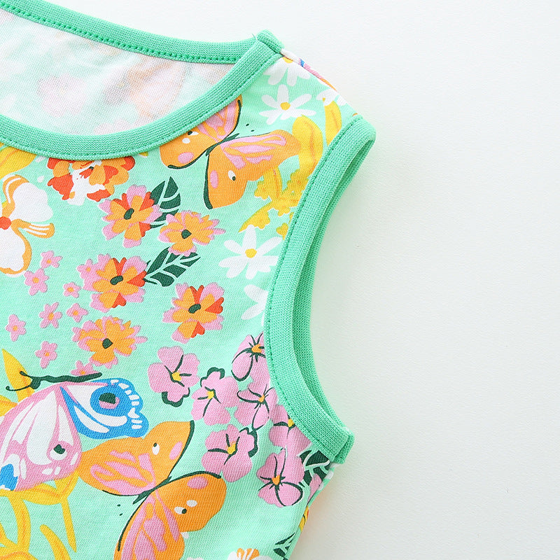 Summer Pure Cotton Flowers and Butterfly Pattern Sleeveless Dress for Stylish Girls-3