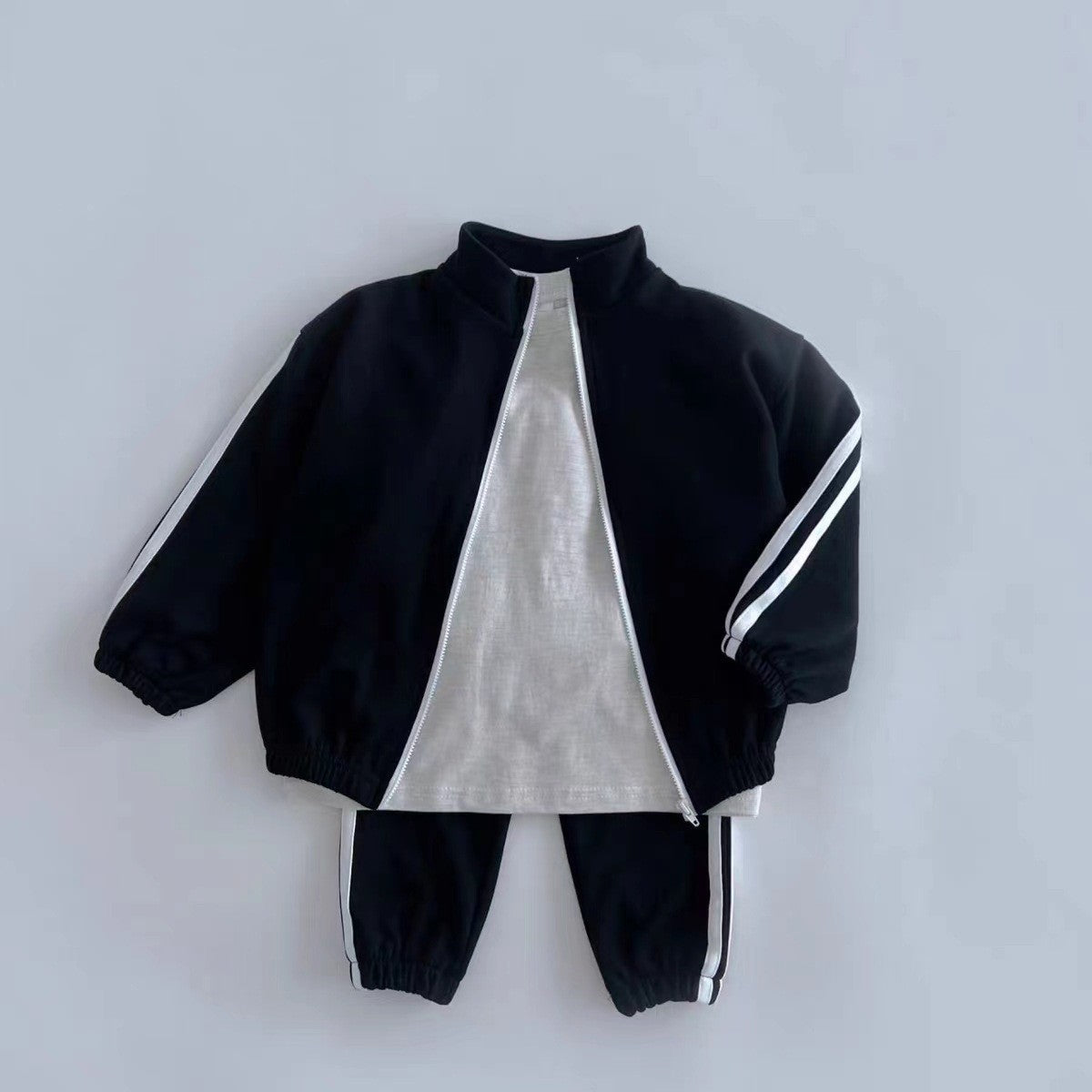 Autumn Kids Unisex Casual Striped Long Sleeves Zip-up Stand Collar Top and Pants Clothing Set-3
