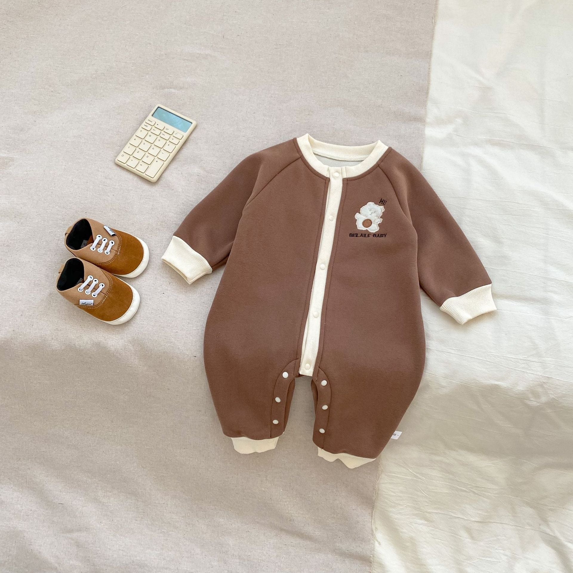 Autumn and Spring Arrival Baby Unisex Simple Teddy Pattern Long Sleeves Cozy Rompers-2