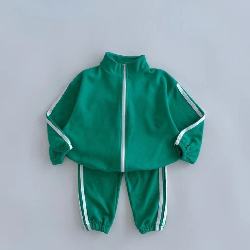 Autumn Kids Unisex Casual Striped Long Sleeves Zip-up Stand Collar Top and Pants Clothing Set-4