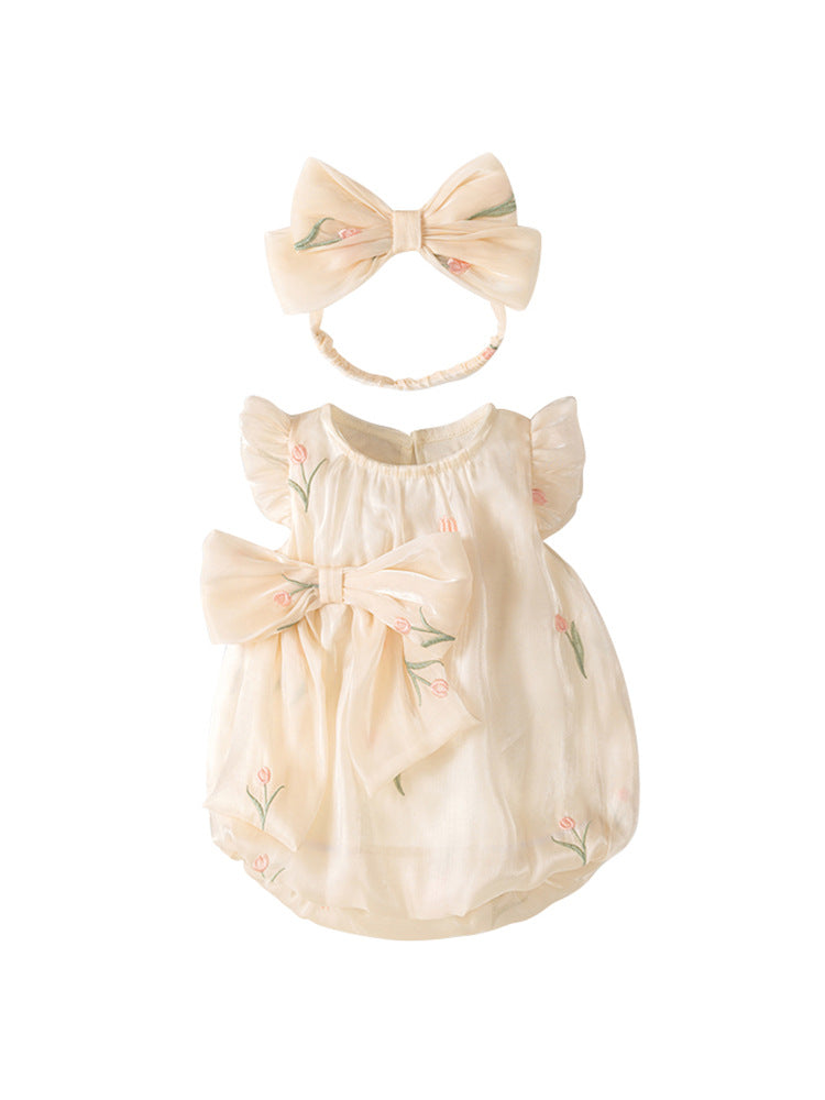 Summer New Design Baby Girls Light Floral Pattern Embroidery Fly Sleeves Crew Neck Sweet Cute Onesies-0