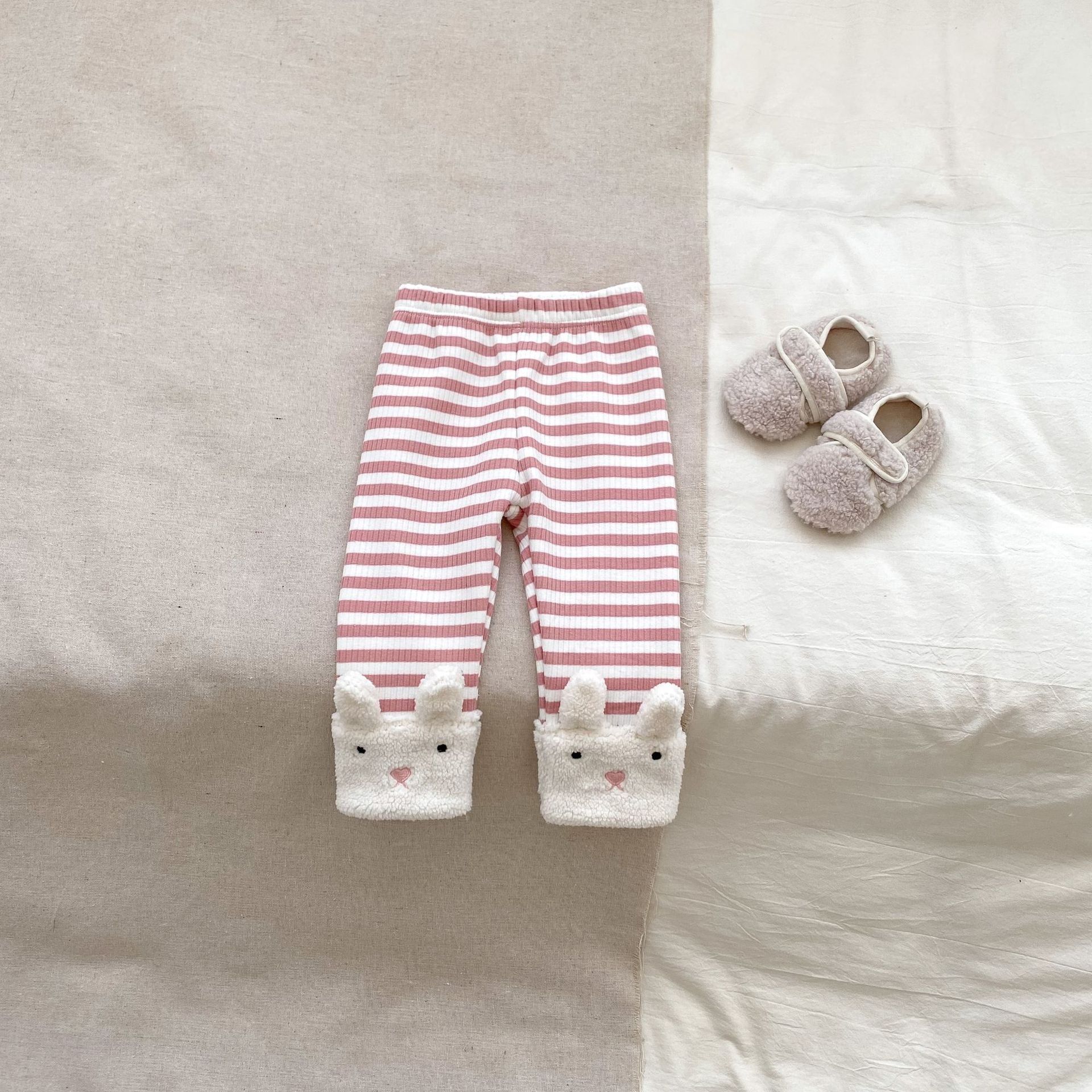 Winter Hot Selling Baby Unisex Long Sleeves Simple Rabbit Design Hooded Top Pullover and Striped Trousers Set-4
