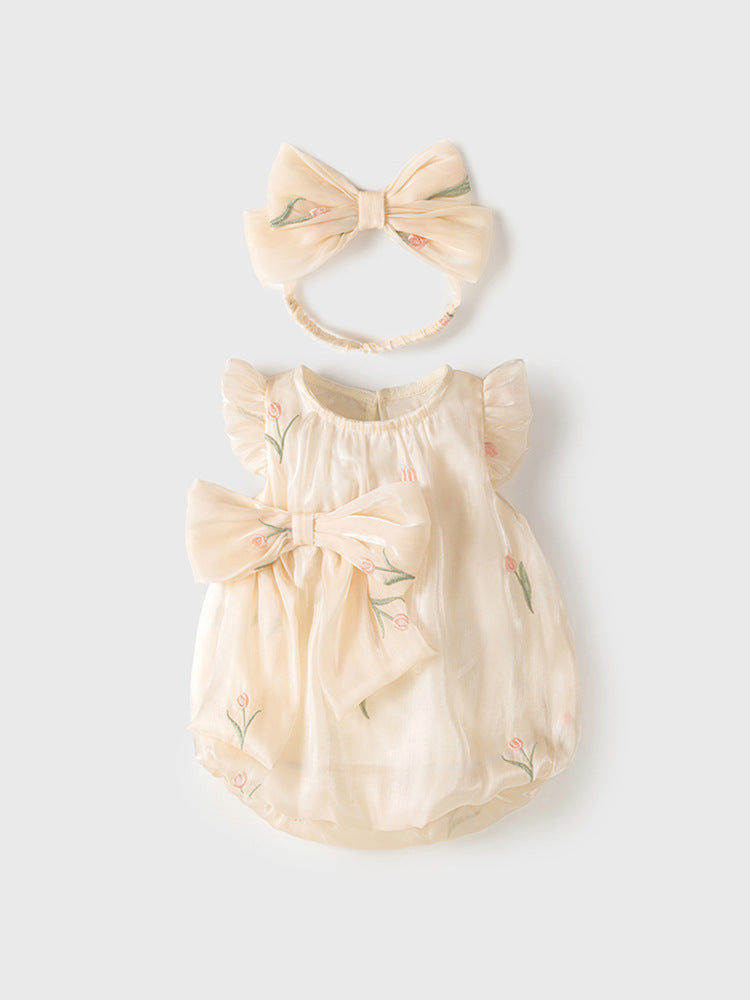 Summer New Design Baby Girls Light Floral Pattern Embroidery Fly Sleeves Crew Neck Sweet Cute Onesies-1