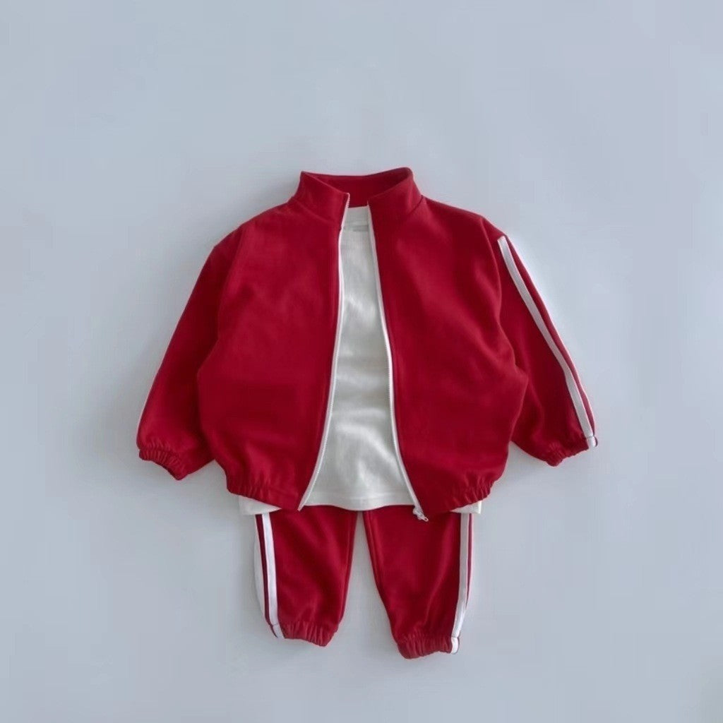 Autumn Kids Unisex Casual Striped Long Sleeves Zip-up Stand Collar Top and Pants Clothing Set-5
