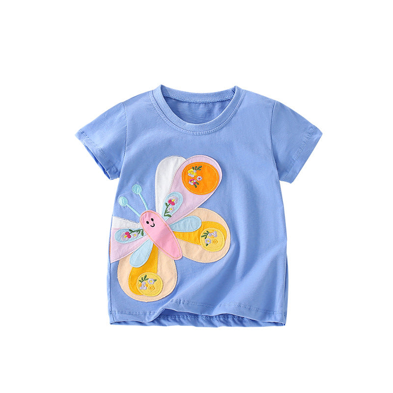 Summer Girls’ Butterfly Pattern Decorated T-shirt in European and American Style-0