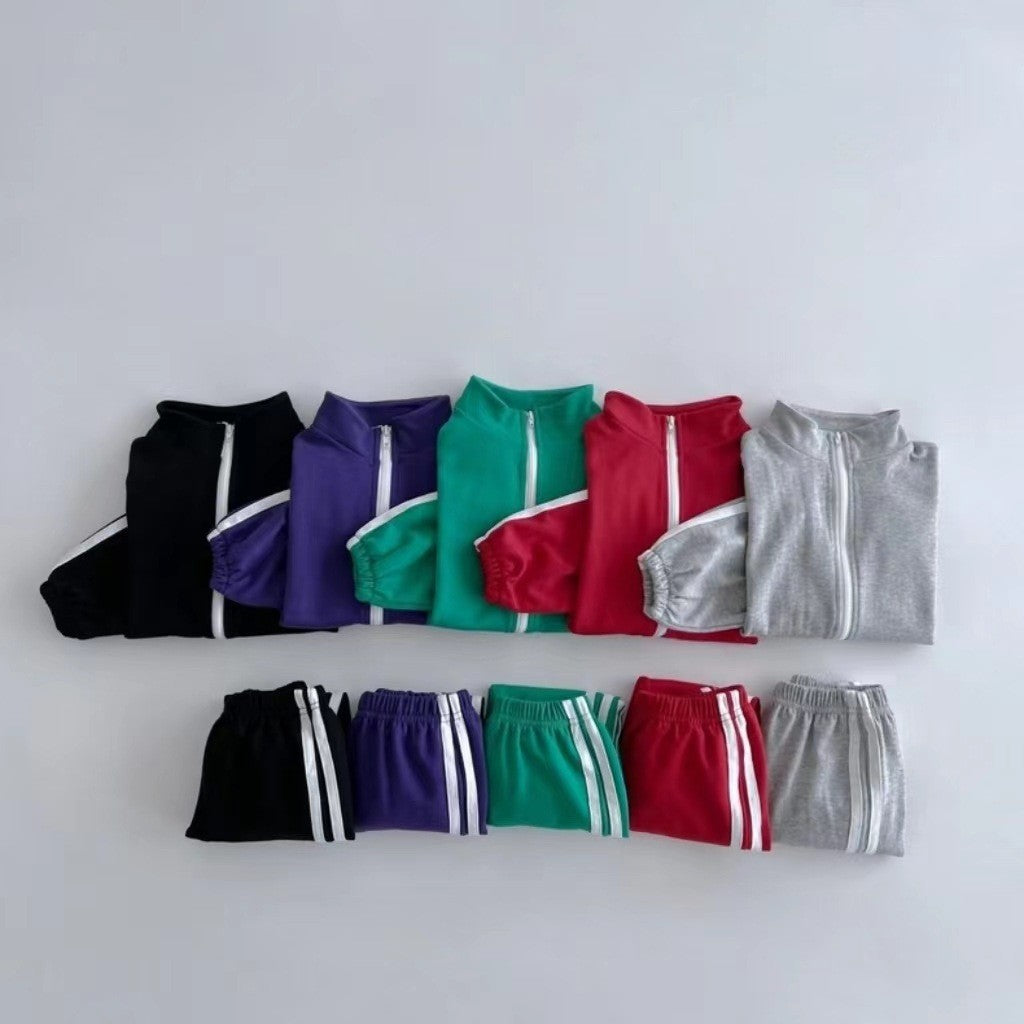 Autumn Kids Unisex Casual Striped Long Sleeves Zip-up Stand Collar Top and Pants Clothing Set-0
